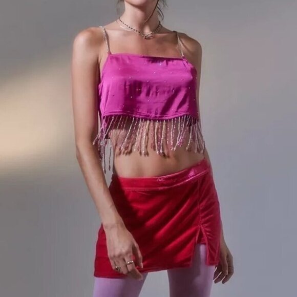 Urban Outfitters Milina Fuchsia Satin Fringe Beaded Crop Top Rhinestone Straps - Picture 9 of 14
